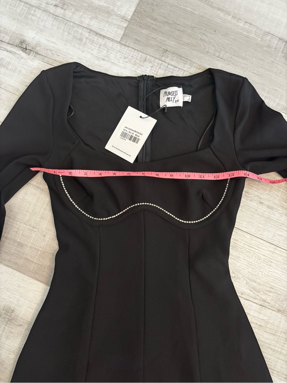 Princess Polly Black Rhinestone Trim Long Sleeve Mini Dress Size 6 - Picture 7 of 11